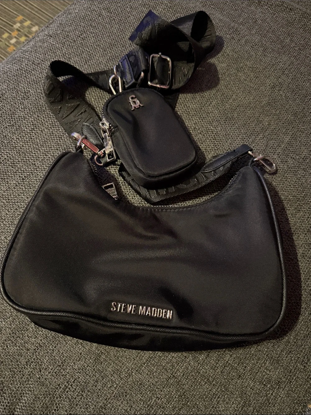 Steve Madden Black Nylon Shoulder Messenger Bag with Detachable Mini Pouch